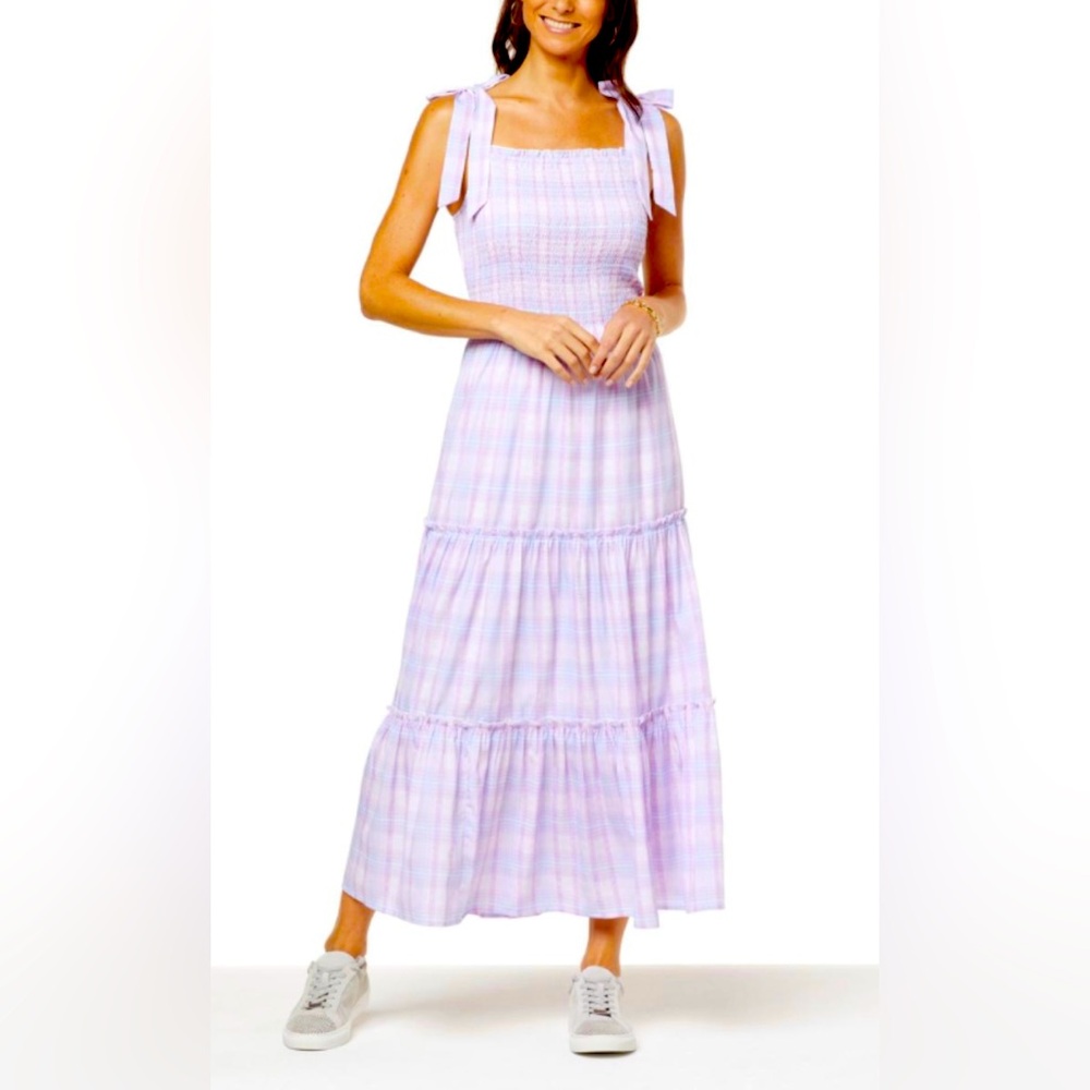 Lacey Chabert Lined Lavender Smocked Bodice Maxi sleeveless Dress Shoulder Ties